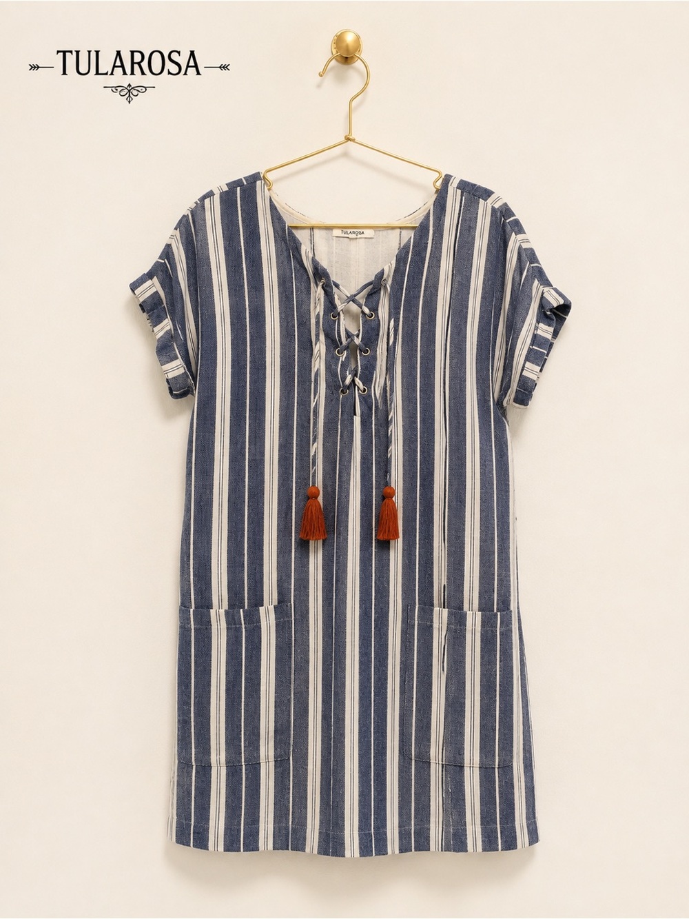 Tularosa Blue and White Striped Cotton Dress with Bohemian Tassles